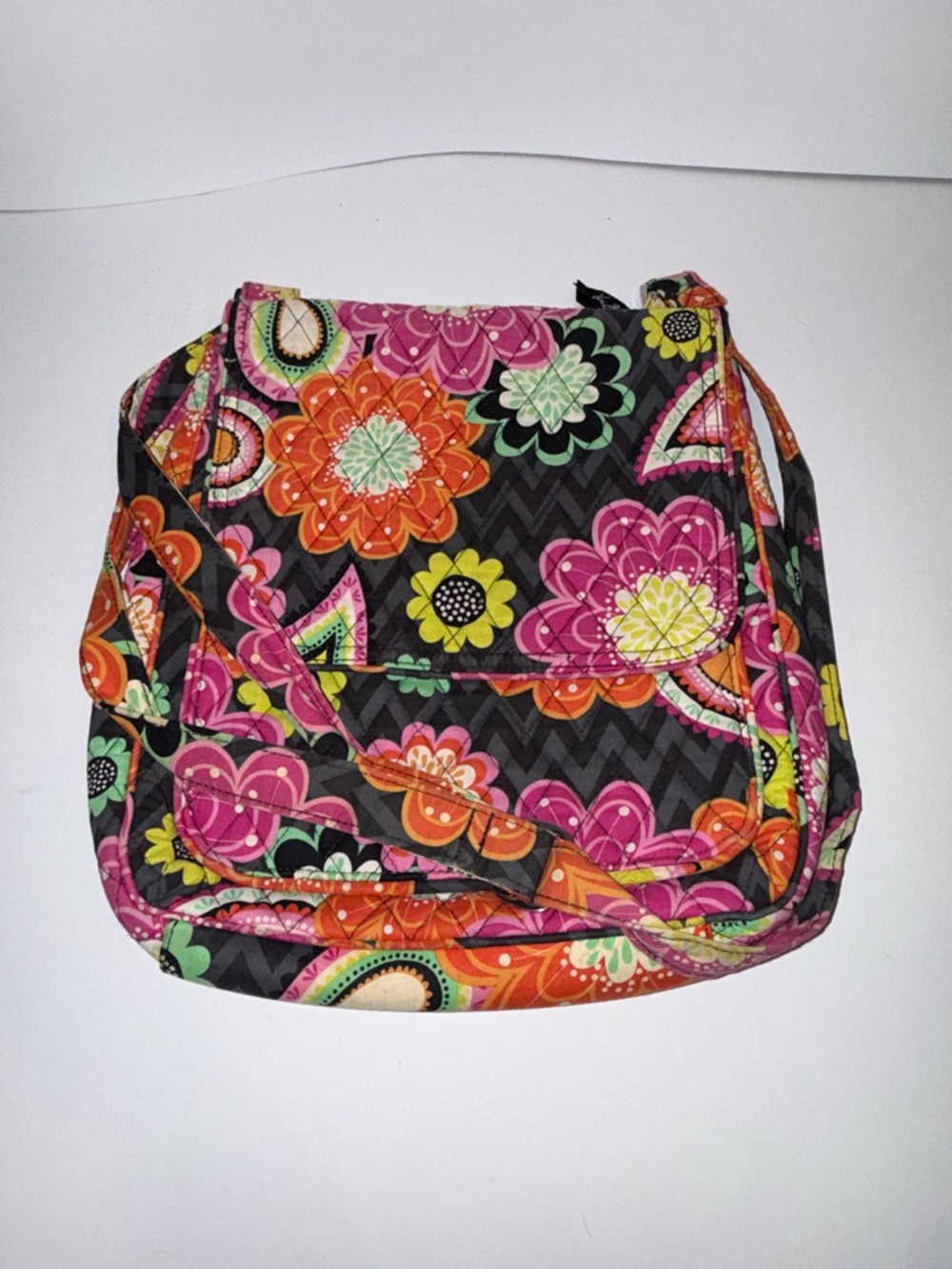 Vera Bradley Black Quilted Crossbody with Bright Floral Print